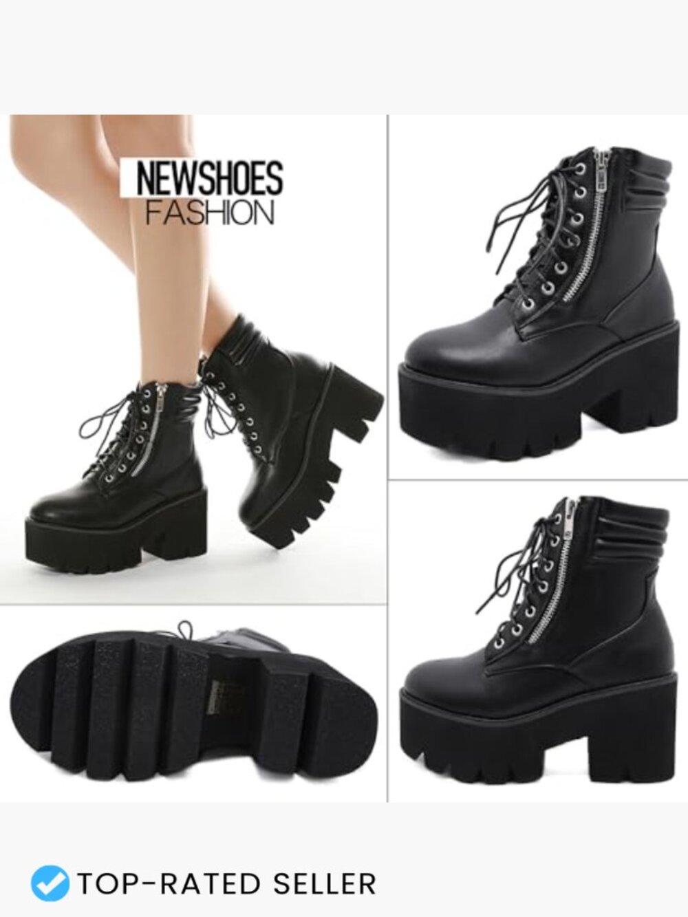 Round Toe Chunky Ankle Boots Lace Up Zipper Combat Boots Platform Heel - Picture 4 of 6